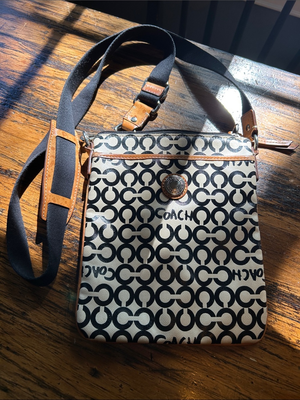 Coach Black and Cream Signature Crossbody Bag with Leather Trim